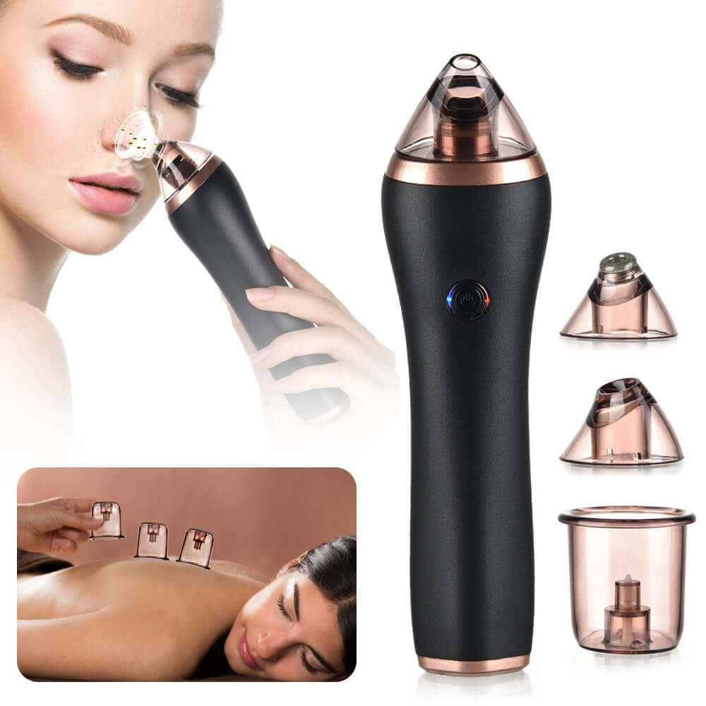 Black electric pore vacuum with multiple suction heads shown in use on face and back for blackhead removal and skin care