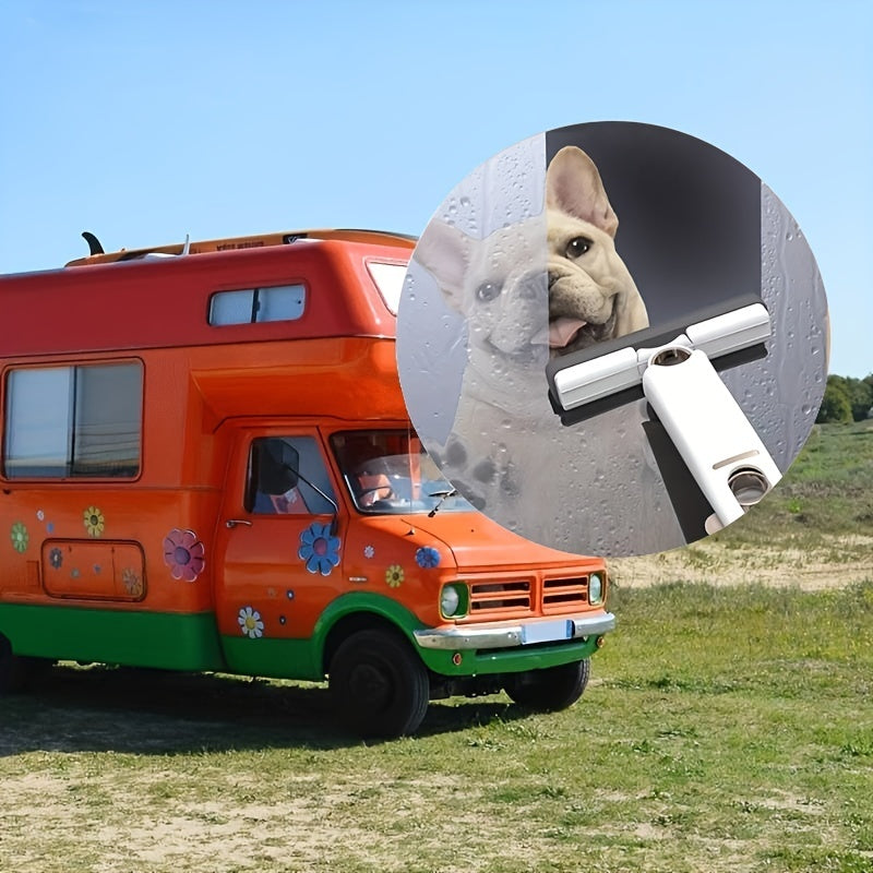White cleaning tool wiping foggy window, overlaid on colorful camper van scene.
