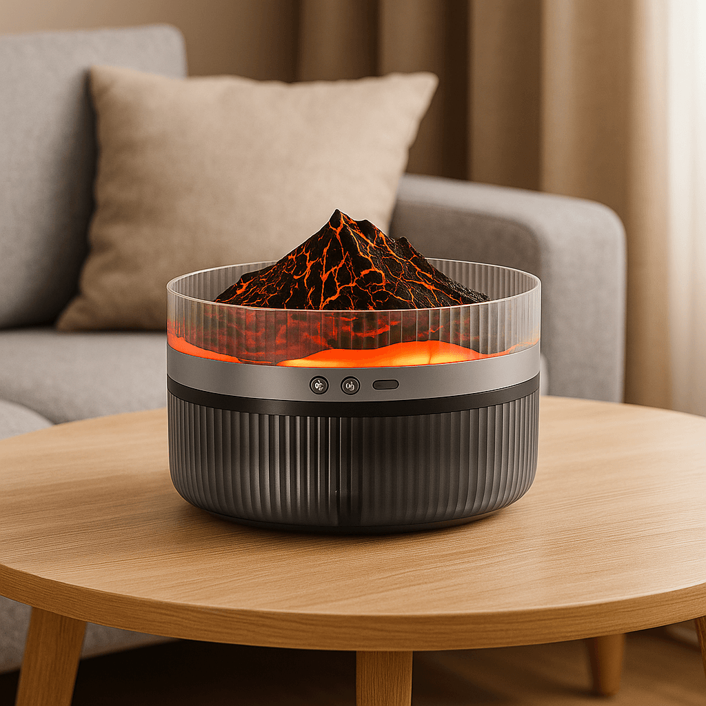 Volcano mountain LED aroma diffuser on wooden table in living room