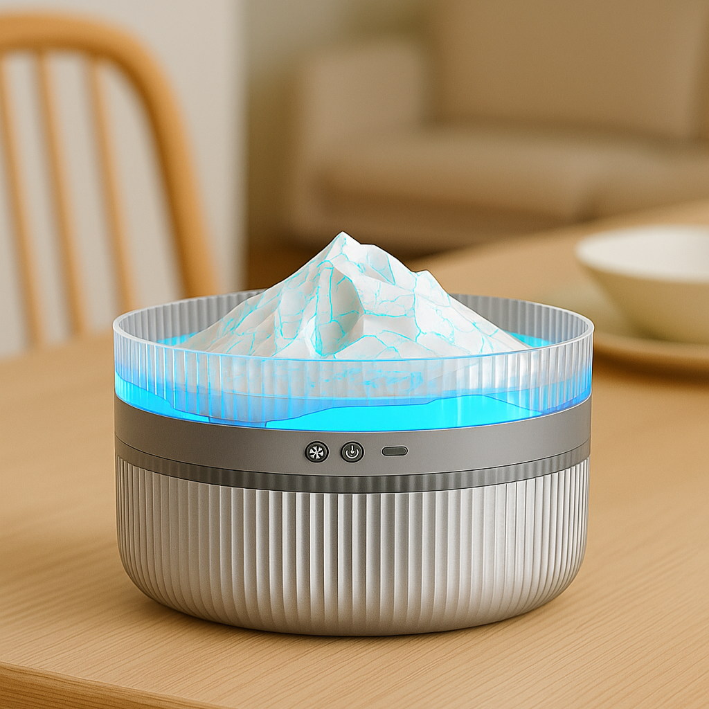 Snow mountain LED aroma diffuser on dining table with blue light