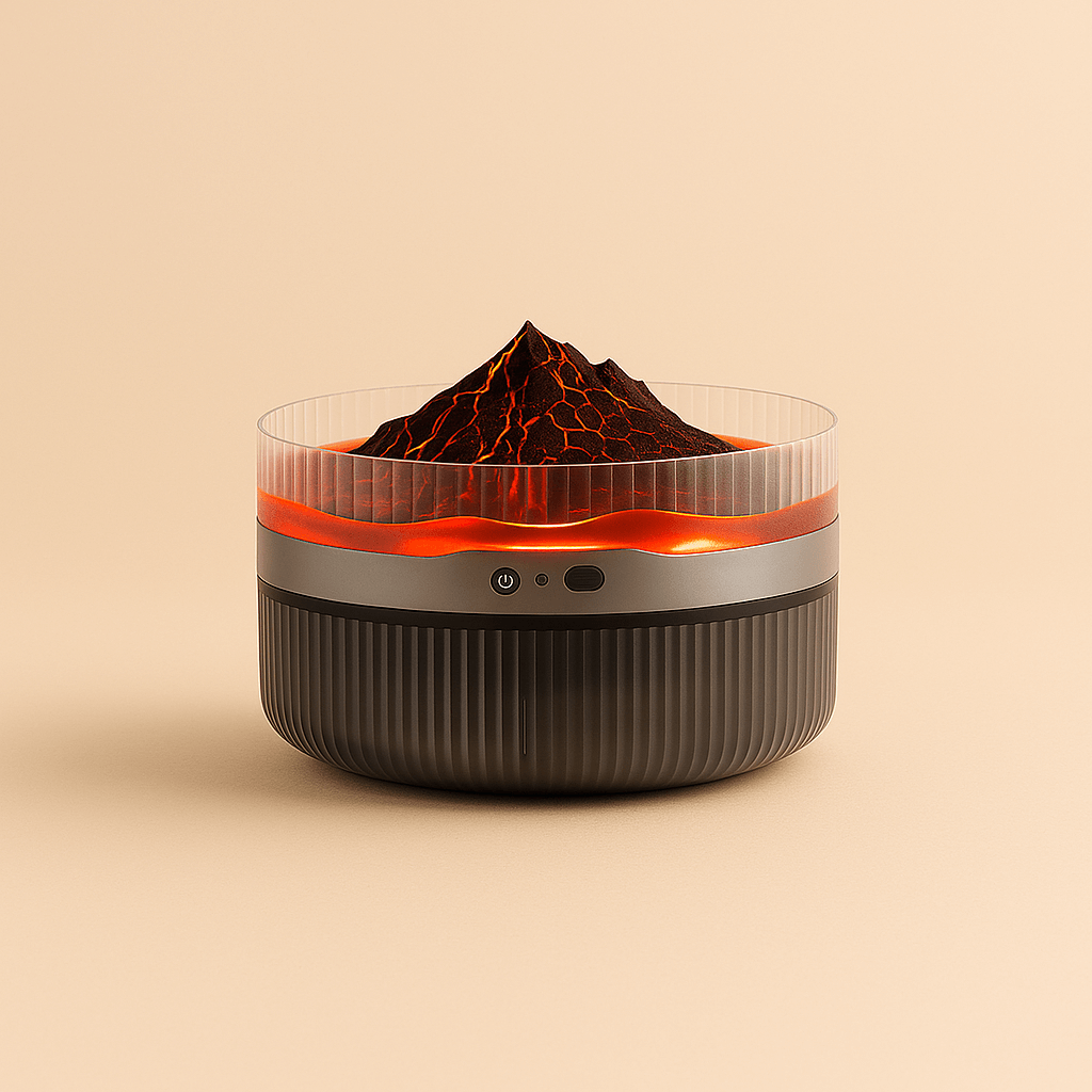 Close-up of Volcano Mist diffuser showing colorful LED glow and mist output