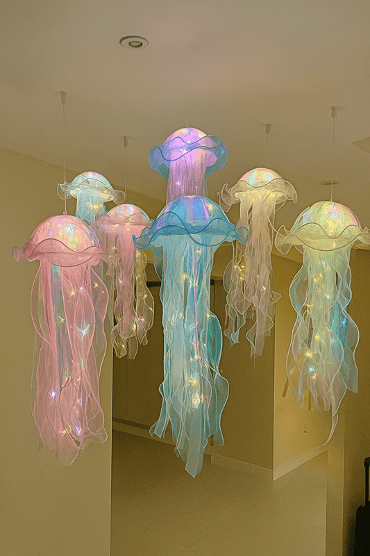 Jellyfish lamp with floating, flying jellyfish effect. LED hanging lamp for relaxing, magical ambiance in bedrooms, offices, or creative spaces.