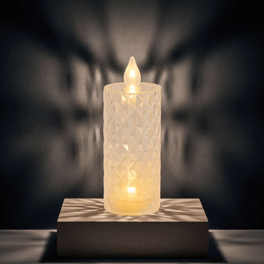 Rose Pattern LED Candle Light creating cozy warm glow on dark tabletop background