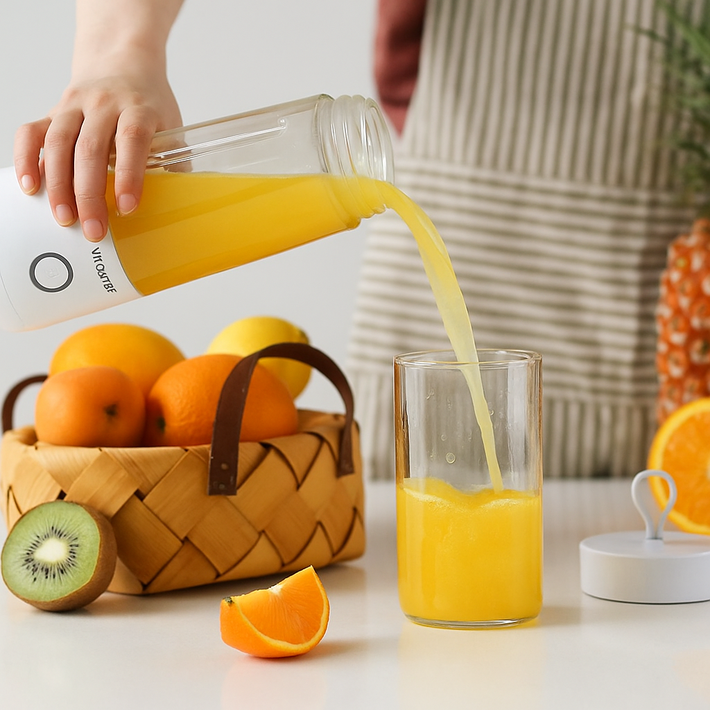 Blender in action with orange juice pouring into glass