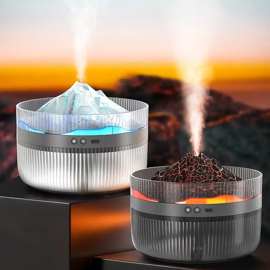 Volcano Mist LED Aroma Diffuser emitting mist with glowing LED light