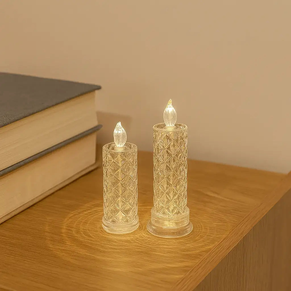 Rose Pattern LED Candle Light on wooden surface creating warm golden glow
