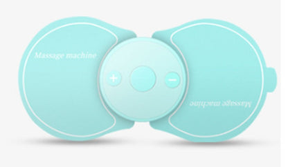 Light blue portable massage pad with central control buttons and dual soft gel wings.