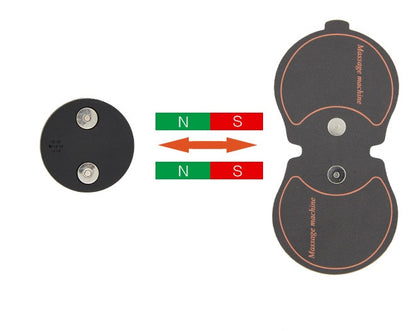 Magnetic electrode pads and controller of a massage machine, illustrating how the magnetic poles align for attachment.