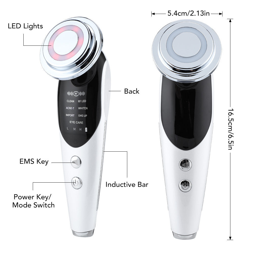LED facial device with labeled parts including EMS key, power/mode switch, inductive bar, and size dimensions 16.5cm by 5.4cm