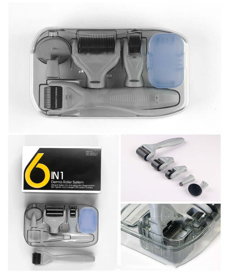 Gray 5-in-1 Microneedle Roller System with ergonomic handle design
