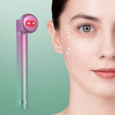 Model using Soothing Eye Wand near eye area – green background 