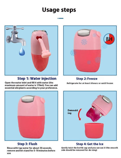 Step-by-step instructions showing how to use the pink silicone ice roller: fill with water, freeze for 8 hours, flush, and demold for use.