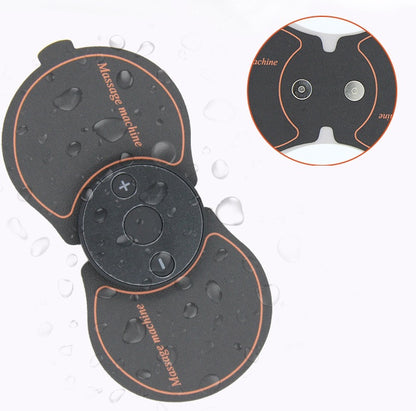 Water resistant black massage pad with dual electrodes and control buttons, shown with water droplets and connector detail inset.