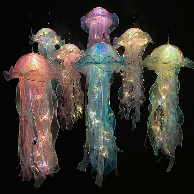 LED Jellyfish Lamp with Hanging Ribbon Tails – Soothing Ambient Light for Bedroom or Dorm.