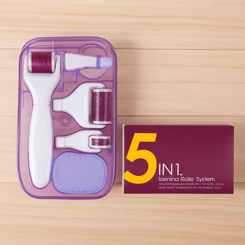 5-in-1 Derma Roller System with interchangeable heads and case on wooden background