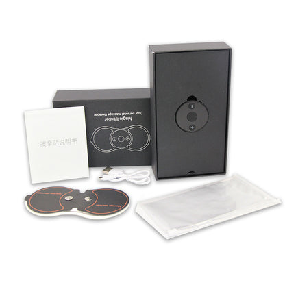 Compact massage device set with dual pads, USB charging cable, manual, and storage case neatly arranged in packaging.
