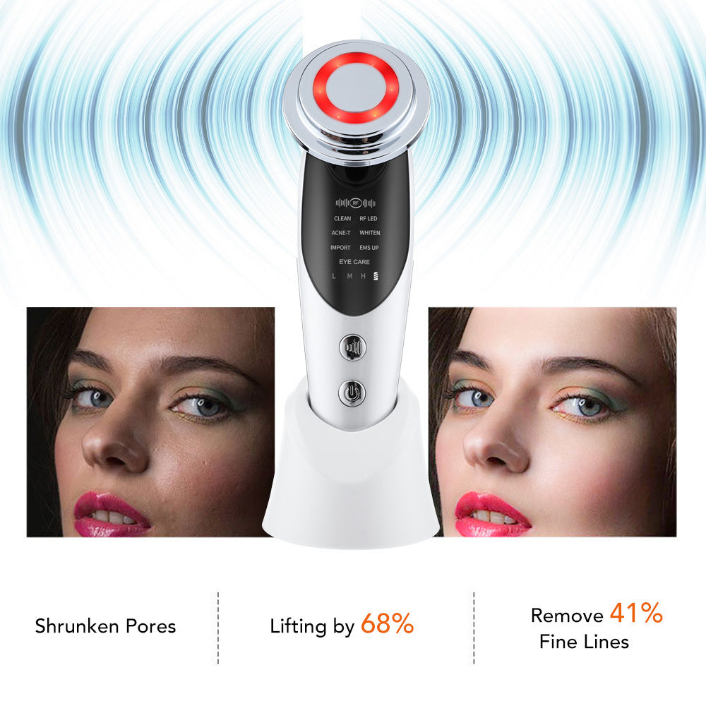 Facial lifting device emitting blue waves, with before and after images of a woman’s face showing skin improvement, and stats: shrunken pores, 68% lifting, 41% fine line removal