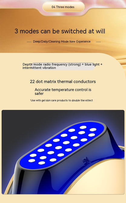 Beauty device with 22-dot matrix thermal conductors and blue light, showcasing its three switchable modes for deep cleaning, radio frequency, and vibration therapy