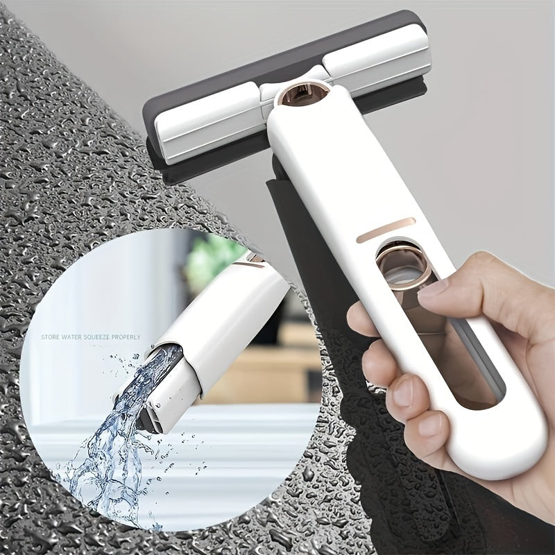 Compact squeegee mop being used on a wet surface, with inset showing easy water squeezing feature.