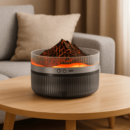 Volcano mountain LED aroma diffuser on wooden table in living room