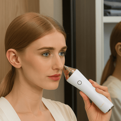 Woman using a white electric pore vacuum facial device on her nose for blackhead removal