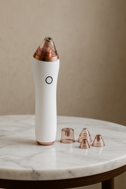 White and rose gold pore vacuum device standing upright on a bathroom counter
