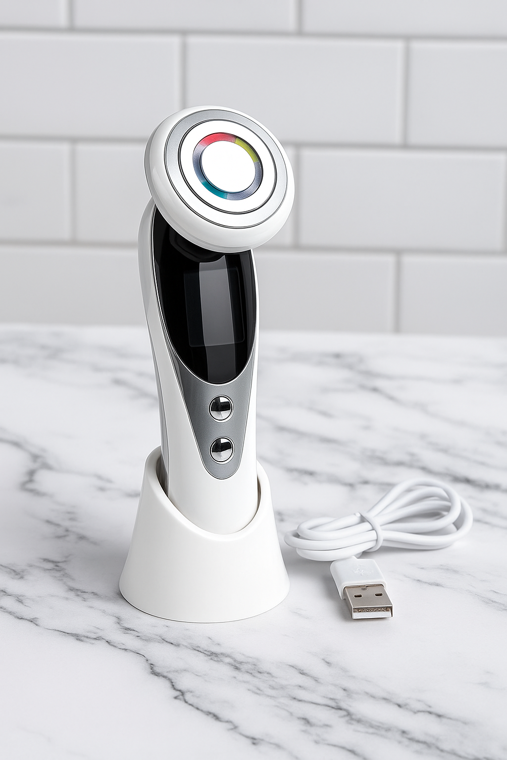  WHITE Rechargeable LED facial device with control buttons, placed on a charging stand with USB cable on a marble surface