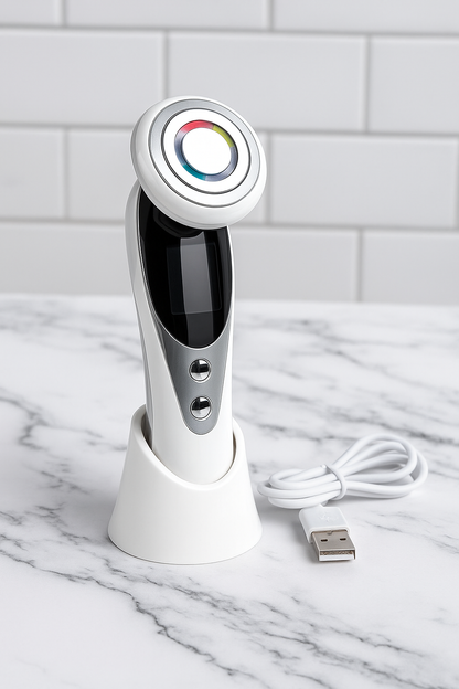  WHITE Rechargeable LED facial device with control buttons, placed on a charging stand with USB cable on a marble surface