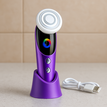 Purple Rechargeable LED facial device with control buttons, placed on a charging stand with USB cable on a marble surface