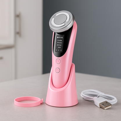 Pink Rechargeable LED facial device with control buttons, placed on a charging stand with USB cable on a marble surface