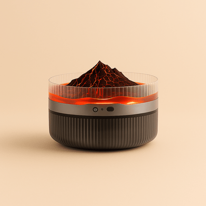 Close-up of Volcano Mist diffuser showing colorful LED glow and mist output