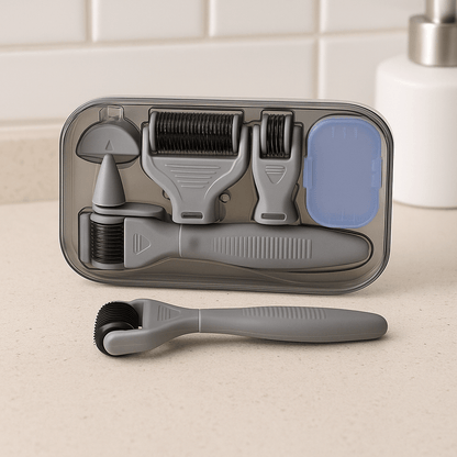 5-in-1 microneedle roller kit displayed on vanity table