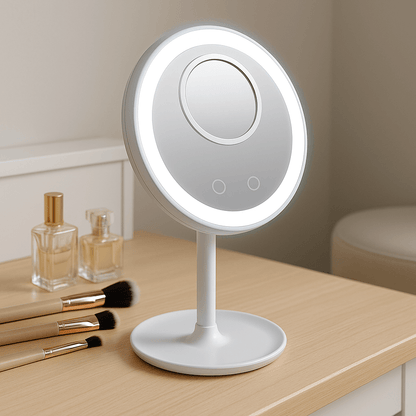 Compact Fan LED Light Makeup Mirror placed on vanity table with soft natural lighting