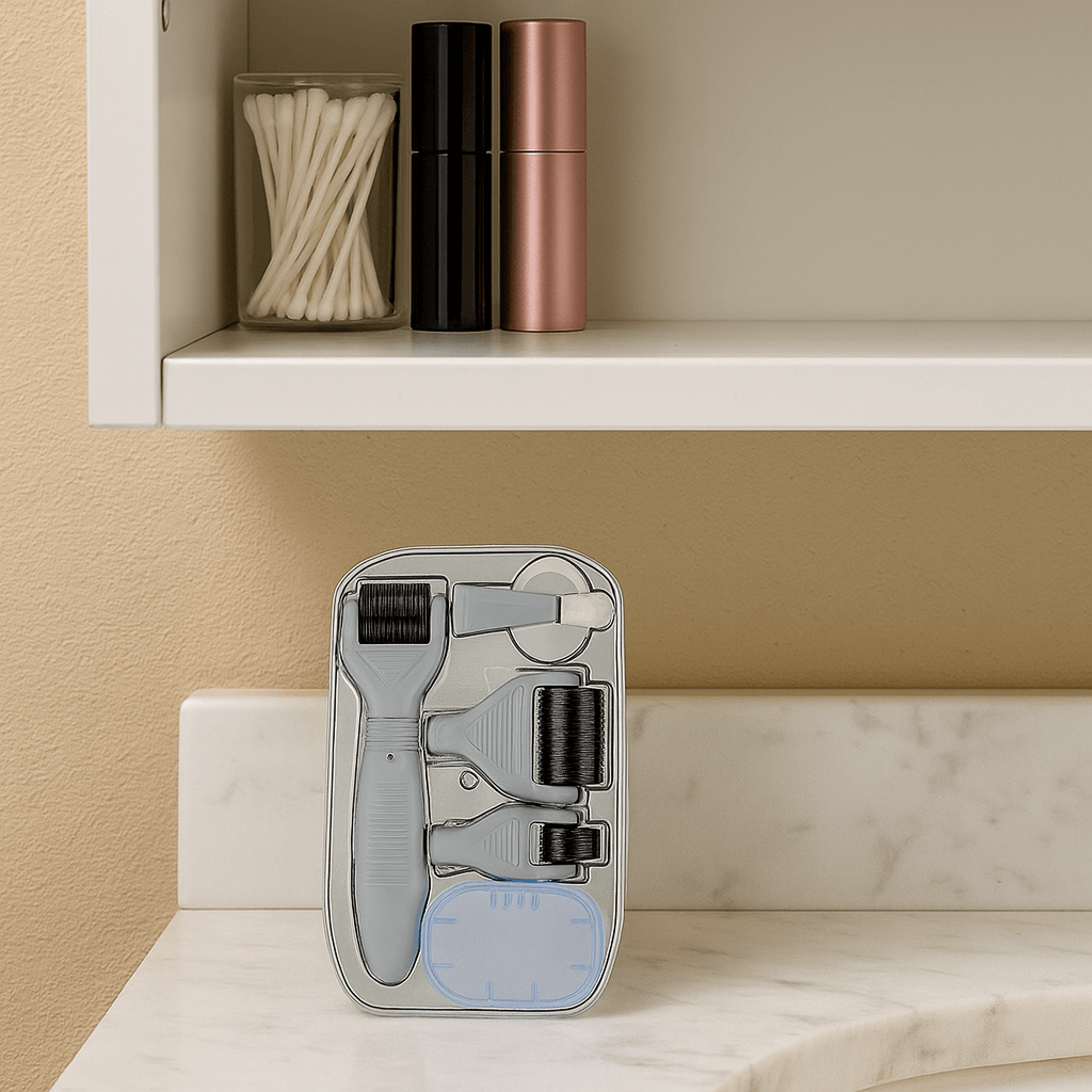 5-in-1 microneedle roller kit displayed on bathroom shelf