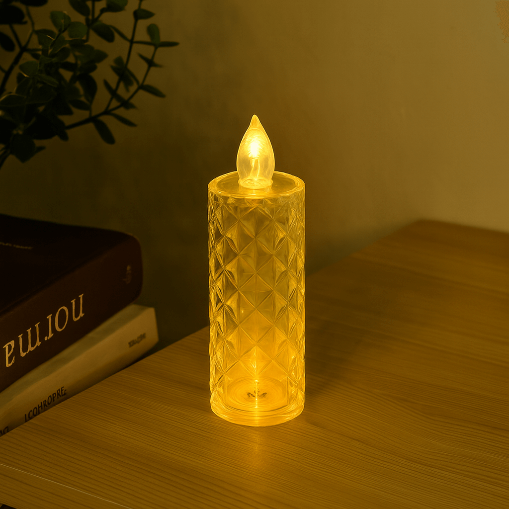 Soft yellow ambient light from Rose Pattern LED Candle Lamp on table