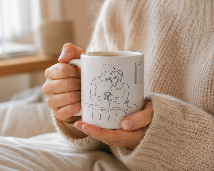 A person in a beige knit sweater holds a white ceramic mug with a minimalist line drawing of a couple on the front, set in a softly lit indoor environment.