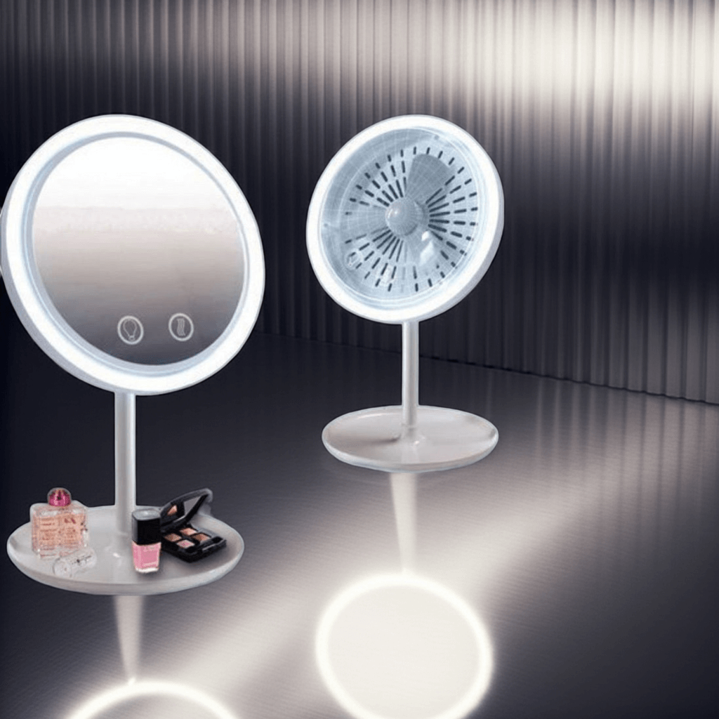 Fan LED Light Makeup Mirror with dual mirrors and adjustable brightness for flawless beauty routine