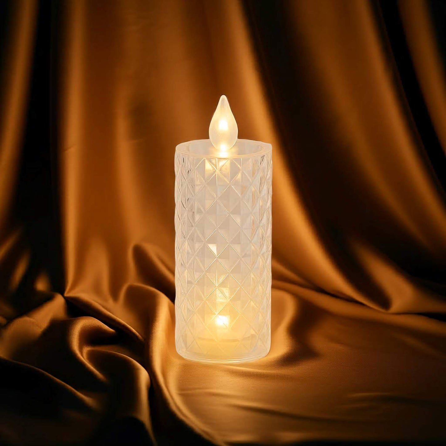 Elegant Rose Pattern LED Candle Light in bedroom setting with cozy decor