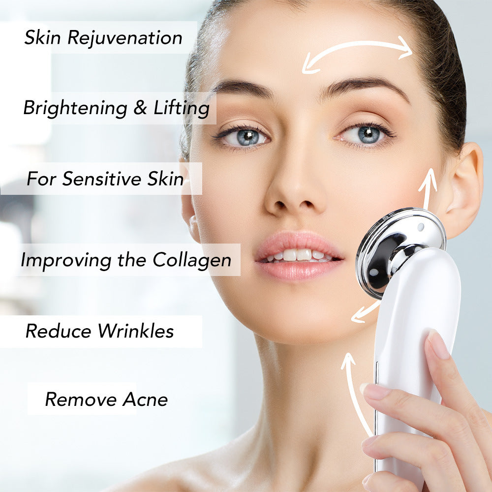 Woman using a white facial device with labeled skincare benefits like skin rejuvenation, collagen improvement, wrinkle reduction, and acne removal"
