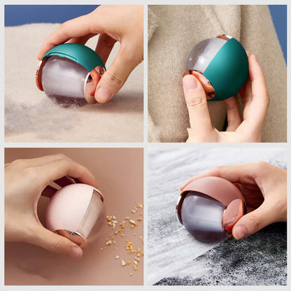 Collage of hands using reusable lint remover balls on clothes, couches, floors, and soft fabrics in various colors