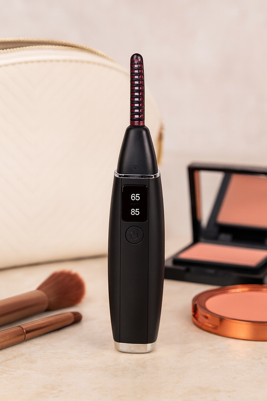 Heated eyelash curler with temperature display on a vanity with makeup items.