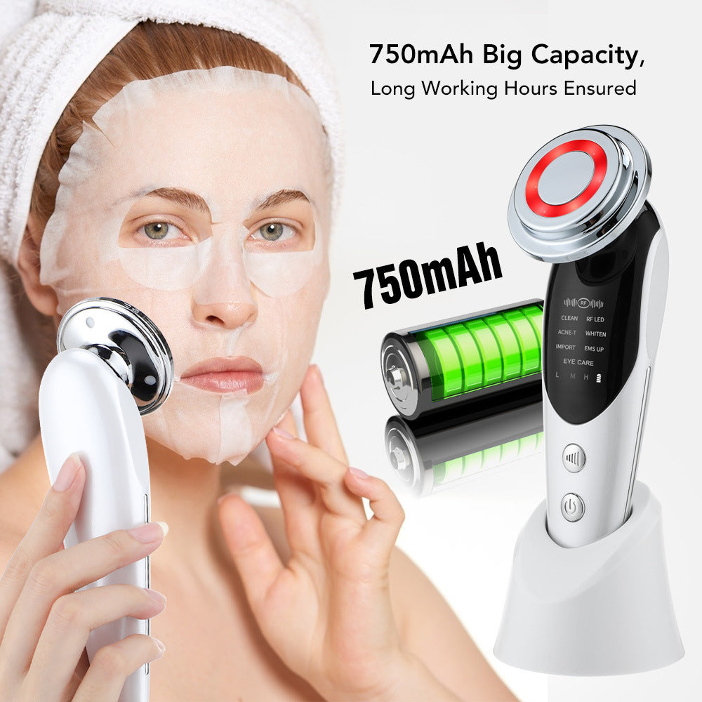 Woman using LED skincare device with sheet mask, showing 750mAh battery capacity.
