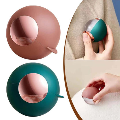Reusable spherical lint remover balls in brown and green colors, with close-up shots showing hand usage on fabric surfaces