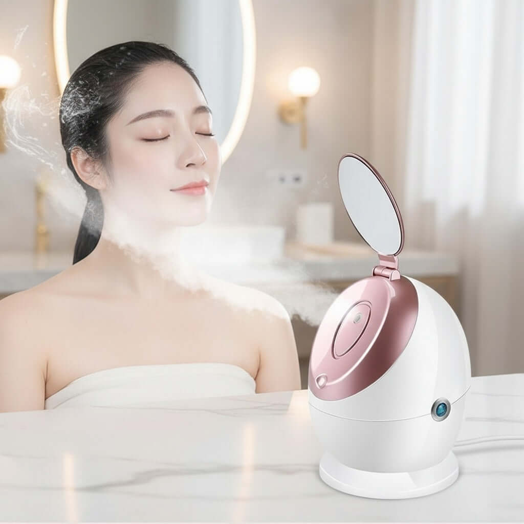 Woman enjoying spa-like facial treatment using Nano Ionic Facial Steamer with mirror