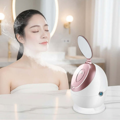 Woman enjoying spa-like facial treatment using Nano Ionic Facial Steamer with mirror