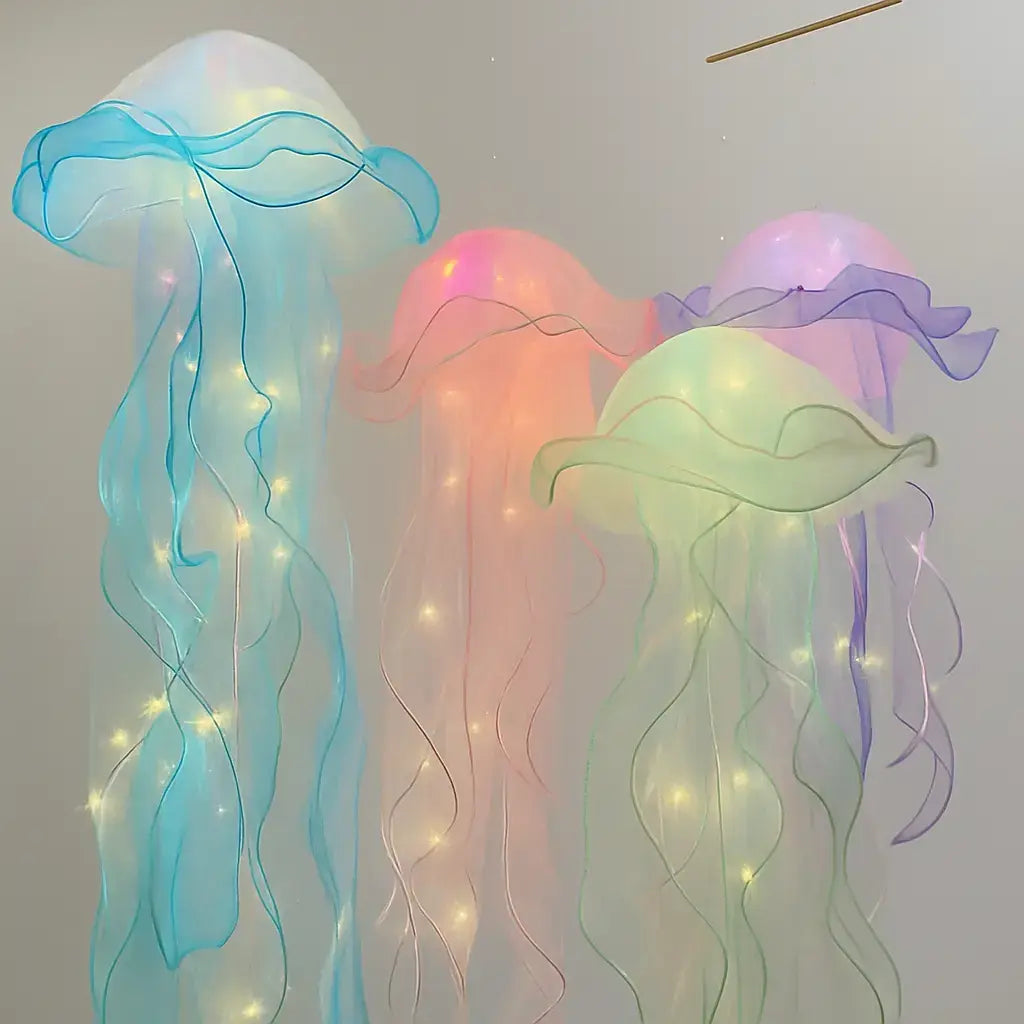 Colorful Hanging Jellyfish Lamp glowing with LED lights in water column