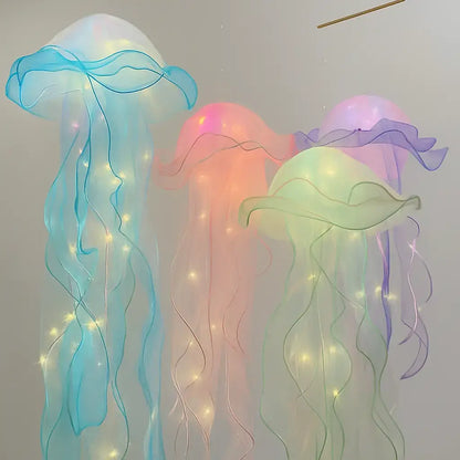 Colorful Hanging Jellyfish Lamp glowing with LED lights in water column