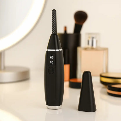 Heated eyelash curler in black, standing on vanity table beside mirror.