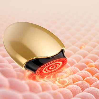 Golden LED skincare device emitting red light on skin surface illustration.