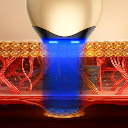 Golden skincare device emitting blue LED light penetrating skin layers, targeting deeper tissues.
